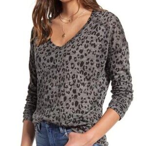 Rails Sami Charcoal Leopard Linen Tencel Blend Long Sleeve T-Shirt V-Neck